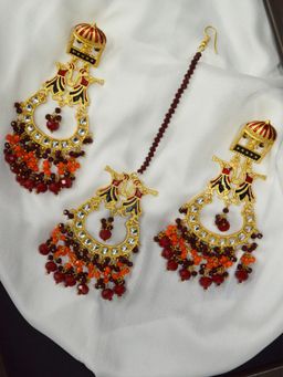 Niscka - Royal Red Beaded Kundan Gold Plated Earring Maang Tikka Set