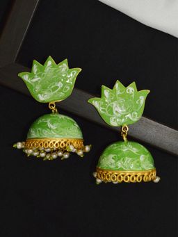 Niscka - Gold Plated Fluid Green and White Jhumka Earrings