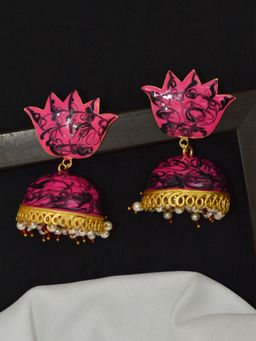 Niscka - Gold Plated Punch Pink Gradient Lotus Traditional Jhumka Earrings