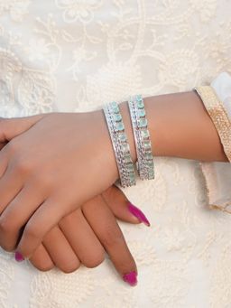 Niscka - Rhodium Plated Cyan Stone American Diamond-ad Studded Bangles Bracelets