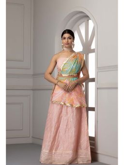Geroo Jaipur - Pastel Pink Handcrafted Gota Work Chanderi Lehenga Set
