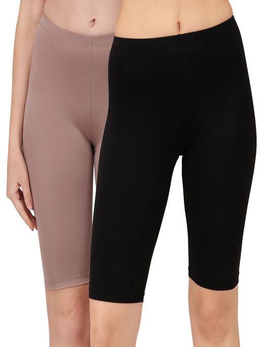 SOIE Mid Rise Soft Polyamide Spandex Knee Length Cycling shorts-Pack of 2-Multi-Color