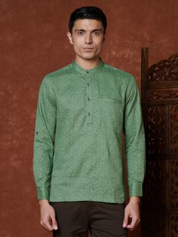 Fabindia - Green Linen Blend Printed Slim Fit Mid Placket Casual Shirt