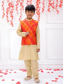 KID1 - Bandhani Bundi Gold Kurta with Jacket and Pyjama Orange (Set of 3)