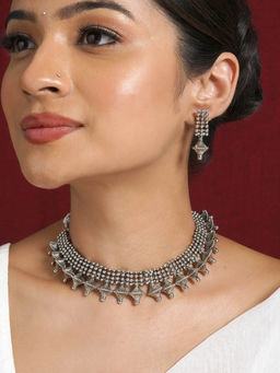 Teejh - Bhonsle Silver Oxidised Necklace Set