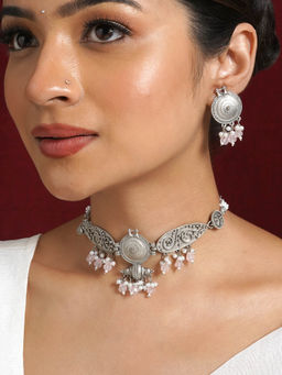 Teejh - Cera Silver Oxidised Pastel Pink Necklace Set