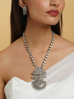 Teejh - Maitraka Silver Oxidised White Necklace Set