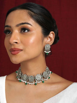 Teejh - Mandi Silver Oxidised Green Necklace Set