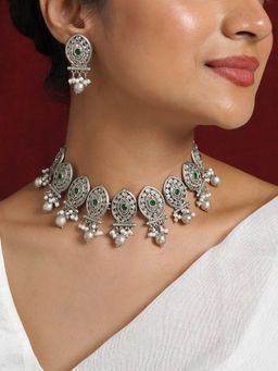 Teejh - Pratima Silver Oxidised Green Necklace Set
