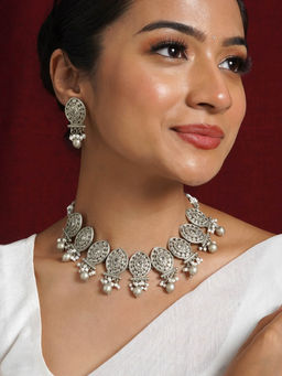 Teejh - Prabhavati Silver Oxidised White Necklace Set