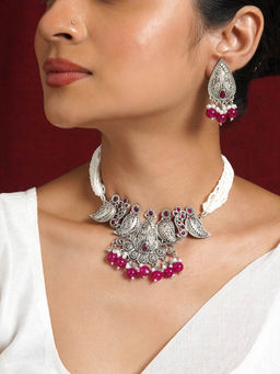 Teejh - Putalabai Silver Oxidised Ruby Necklace Set