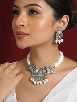 Teejh - Ranakadevi Silver Oxidised White Necklace Set