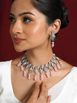 Teejh - Roopmati Silver Oxidised Pink Necklace Set