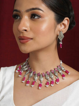 Teejh - Sakina Silver Oxidised Ruby Necklace Set
