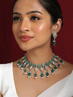 Teejh - Sakvarbai Silver Oxidised Green Necklace Set