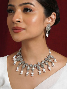 Teejh - Sanghamitta Silver Oxidised White Necklace Set