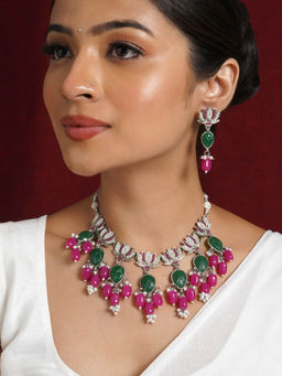 Teejh - Sadhani Silver Oxidised Pink and Green Necklace Set