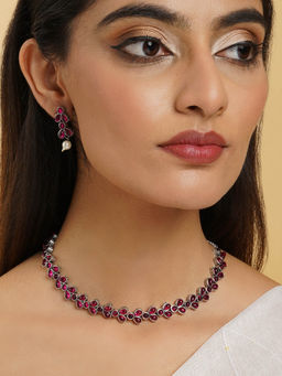 Teejh - Silver and Red Petal Fusion Necklace Set