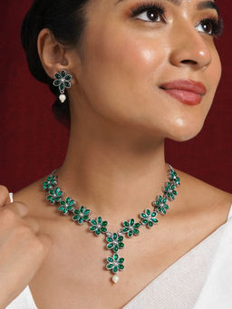 Teejh - Silver Emerald and Floral Motif Necklace Set