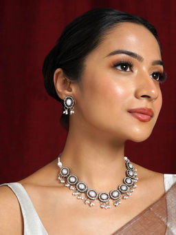 Teejh - Leela Silver Oxidised Polki Necklace Set