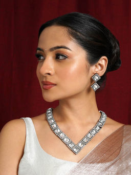 Teejh - Devika Silver Oxidised Uncut Polki Necklace Set