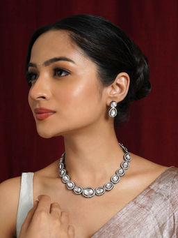 Teejh - Kanak Silver Oxidised Uncut Polki Necklace Set