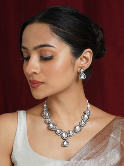 Teejh - Seerat Silver Oxidised Uncut Stone Necklace Set