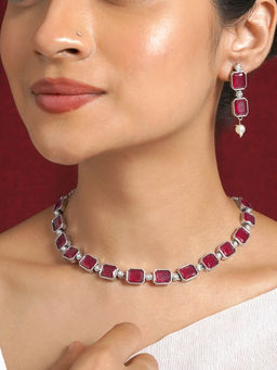Teejh - Silver Noir Red Elegant Necklace Set