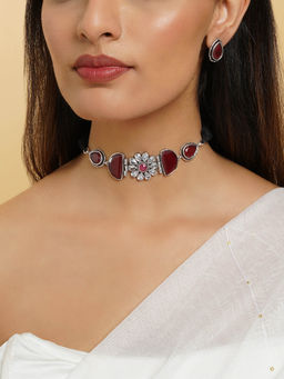 Teejh - Silver and Red Medow Necklace Set