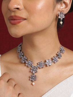 Teejh - Silver Pink and Floral Motif Necklace Set