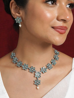 Teejh - Silver Teal and Floral Motif Necklace Set