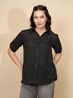 Global Republic - Women Black Half Sleeve Polycotton Shirt