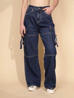 Global Republic - Women Blue Solid High Rise Cargo Jeans
