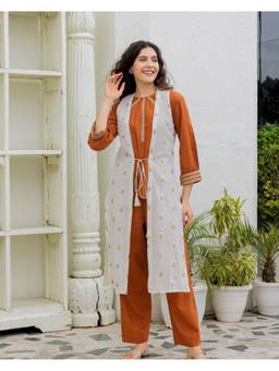 Ambraee - Women Brown Floral Embroidered Top with Pant and Jacket