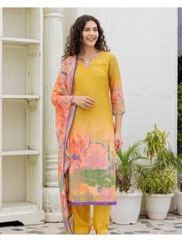Ambraee - Women Yellow Printed Beads and Stones Kurta with Pant and Dupatta