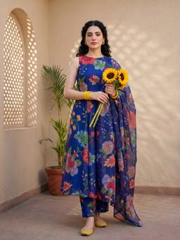 Ambraee - Women Blue Floral Printed Anarkali Kurta with Pant and Dupatta