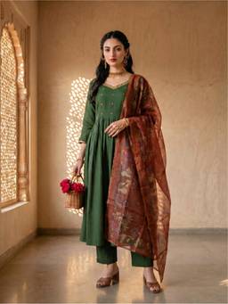 Ambraee - Women Green Embroidered Thread Work Anarkali Kurta with Pant and Dupatta