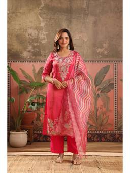 Scakhi - Women Pink Floral Embroidered Kurta with Pant and Dupatta