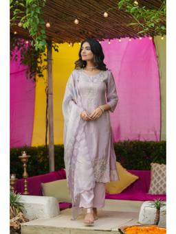 Scakhi - Women Lavender Floral Embroidered Kurta with Pant and Dupatta