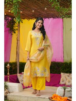 Scakhi - Women Yellow Floral Embroidered Kurta with Pant and Dupatta