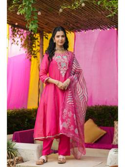 Scakhi - Women Pink Floral Embroidered Anarkali Kurta with Pant and Dupatta