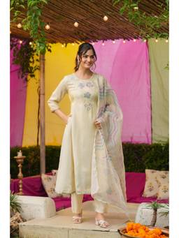 Scakhi - Women Off White Floral Embroidered Anarkali Kurta with Pant and Dupatta