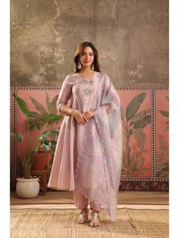 Scakhi - Women Lavender Floral Embroidered Anarkali Kurta with Pant and Dupatta