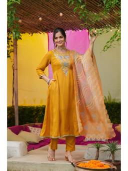 Scakhi - Women Mustard Floral Embroidered Anarkali Kurta with Pant and Dupatta