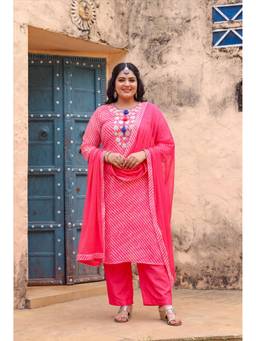 Scakhi - Women Pink Printed Leheriya Kurta with Pant and Dupatta