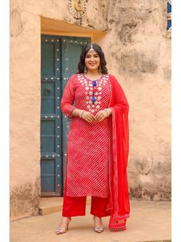 Scakhi - Women Red Printed Leheriya Kurta with Pant and Dupatta