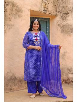 Scakhi - Women Royal Blue Printed Leheriya Kurta with Pant and Dupatta