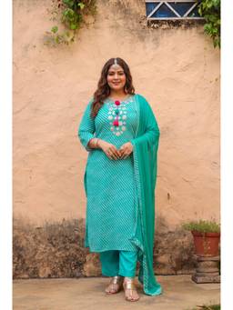 Scakhi - Women Turquoise Printed Leheriya Kurta with Pant and Dupatta