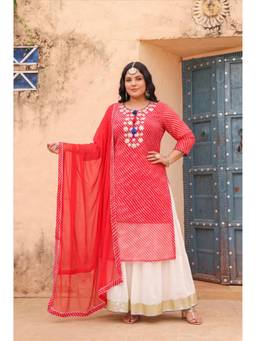 Scakhi - Women Red Printed Leheriya Kurta with Palazzo and Dupatta