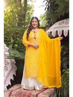 Scakhi - Women Yellow Printed Leheriya Kurta with Palazzo and Dupatta